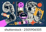 Pop art halftone collage with antique statue in headphones and grunge singer paper elements. Retro composition. Club party poster, podcast, magazine. Y2K, 80s, 90s style. Psychedelic, surreal art.