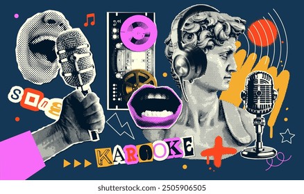 Pop art halftone collage with antique statue in headphones and grunge singer paper elements. Retro composition. Club party poster, podcast, magazine. Y2K, 80s, 90s style. Psychedelic, surreal art.