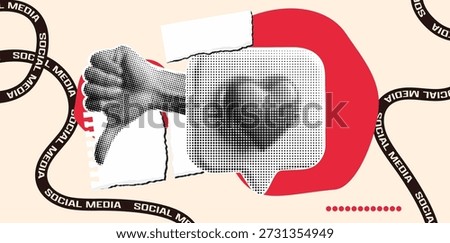 A pop art halftone collage depicts a thumbs down inside a speech bubble amid social media ribbons, conveying digital critique, satirical.