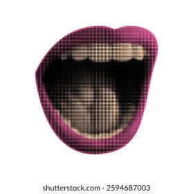 Pop art halftone collage element. Dotted open pink lips, screaming female mouth.