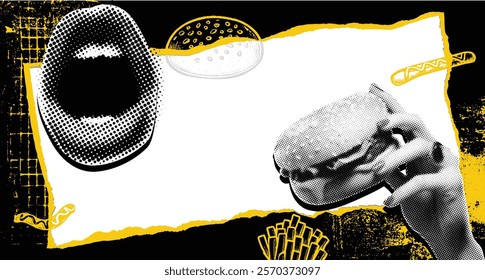 Pop art halftone collage, a fast food theme, with a torn paper border, a burger in hand and an open mouth. Includes dotted vector elements and a torn paper border, a playful fast food doodle poster.