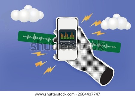 Pop art halftone collage of a hand holding smartphone with music player interface, equalizer bars, and sound waves. Concept of mobile audio streaming, online radio, podcast listening, digital music