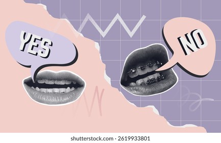 Pop Art Halftone Collage of Talking Mouths with Yes and No Speech Bubbles