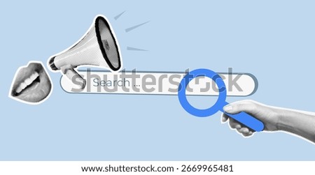Pop art halftone collage of voice assistant and search bar interface with megaphone and human hand holding magnifying glass. Vector concept for mixed media design.