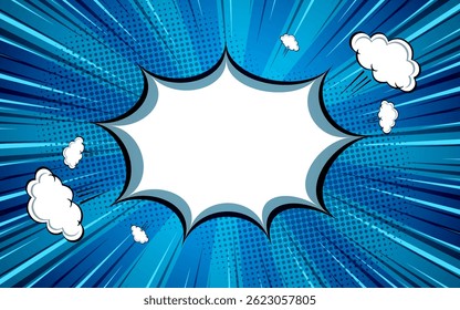 Pop art halftone comic background. Banner with speech bubble. Cartoon superhero print. Vector illustration.