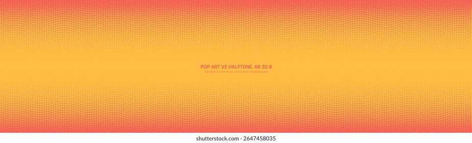 Pop art halftone pattern faded horizontal frame ultra wide 32:9 aspect ratio yellow red vector abstract background. Wavy dotted half tone texture panoramic format psychedelic style graphic abstraction