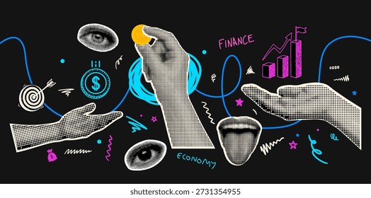 A pop art halftone vector shows hands exchanging a coin amid finance icons and neon scribbles, used for editorial branding, vibrant.