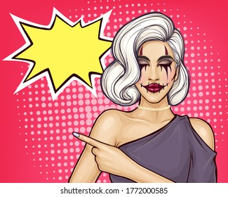 Pop art halloween girl with scary make-up pointing a finger at something on pink background with speech bubble. Young beautiful woman with closed eyes and zombia face. Poster for day of the dead party
