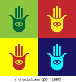 Pop-Art-Hamsa-Handsymbol einzeln auf farbigem Hintergrund. Hand von Fatima - Amulett, Symbol des Schutzes vor dem Auge des Teufels.  Vektorgrafik