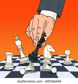 Pop Art Hand of Businessman Holding Chess Figure. Business Strategy Concept. Vector illustration