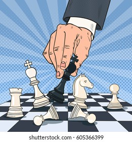 Pop Art Hand of Businessman Playing Chess. Business Strategy Concept. Vector illustration