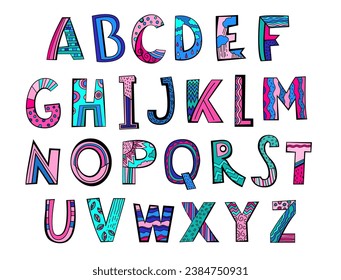 Pop art hand drawn alphabet in modern simplistic style. Unique abstract lettering in bright colours isolated on a white background. Bold graphics. Vector illustration. Creative letters collection. 