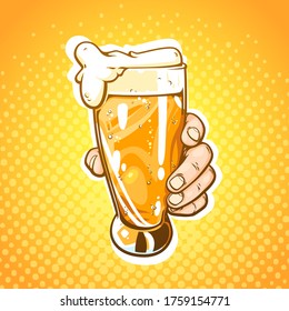 Pop art hand drawn comic illustration of human hand with glass of beer isolated on yellow background with halftone