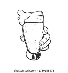 Pop art hand drawn comic illustration of human hand with glass of beer isolated on white background
