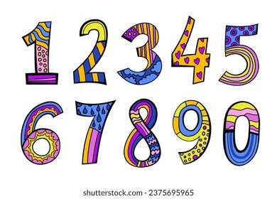 Pop art hand drawn figures in modern simplistic style. Unique abstract lettering in bright colours isolated on a white background. Bold graphics. Vector illustration. Creative numbers collection. 