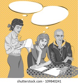 Pop art hand drawn illustration of a three people conversation in a cozy restaurant with comics style speech bubbles
