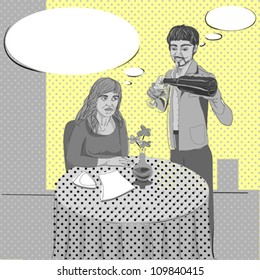 Pop art hand drawn illustration of two people conversation in a cozy restaurant with comics style speech bubbles