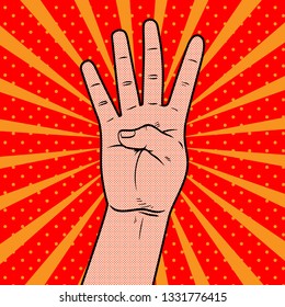Pop art hand gesture four sign sun burst background
