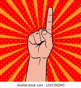 Pop art hand gesture one sign sun burst background