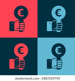 Pop art Hand holding auction paddle icon isolated on color background. Bidding concept. Auction competition. Hands rising signs with BID inscriptions.  Vector