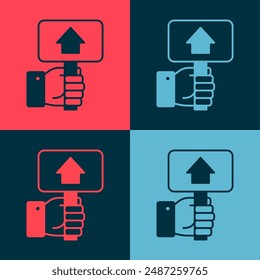 Pop art Hand holding auction paddle icon isolated on color background. Bidding concept. Auction competition. Hands rising signs with BID inscriptions.  Vector