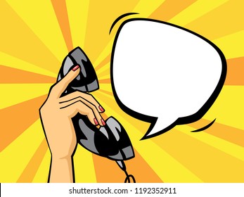 Pop art hand holding a black phone handset. Telephone with buble speech in retro coic vintage style. Flat vector illustration