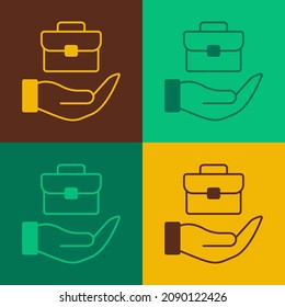 Pop art Hand holding briefcase icon isolated on color background. Insurance concept. Security, safety, protection, protect concept.  Vector