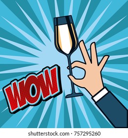 pop art hand holding champagne glass cheers celebration