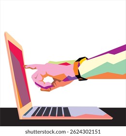pop art hand illustration with computer or laptop device
