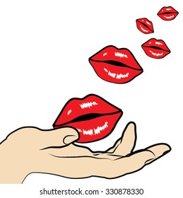 Pop art hand with lips. vector illustration.