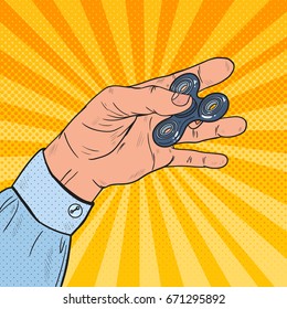 Pop Art Hand Playing with Popular Fidget Spinner Toy. Stress Relieving. Vector illustration