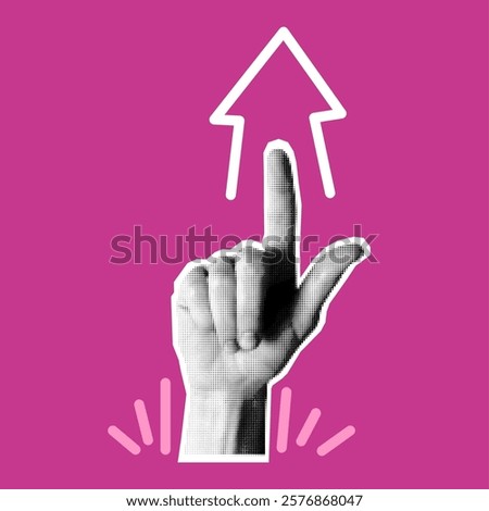 Pop art hand. Pointing finger. Direction icon. Halftone newspaper texture. Raised forefinger. Pointer arrow. Dotted newsprint. Grunge collage graphic. Human arm. Up indicating. Vector growth concept