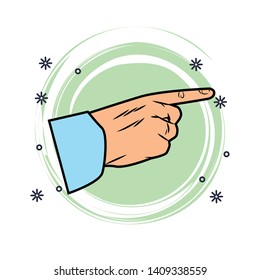 Pop art hand pointing round stamp frame and sparks cartoon indication vector illustration graphic design