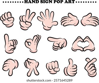 Pop art hand pose (hand sign) illustration set |Rock, scissors, paper, peace, here you go, NO1, OK, over there, heart, boo, girl peace, fist, like, finger heart, etc.