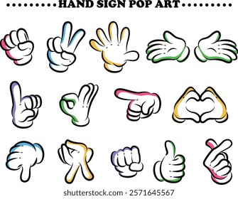 Pop art hand pose (hand sign) illustration set |Rock, scissors, paper, peace, here you go, NO1, OK, over there, heart, boo, girl peace, fist, like, finger heart, etc.