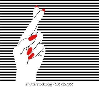 Pop art hand. Striped background. Vector illustration.