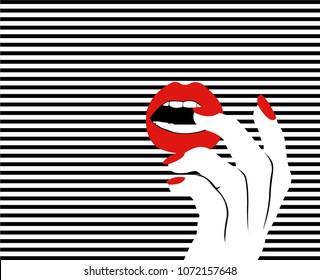 Pop art hand. Striped background. Vector illustration.
