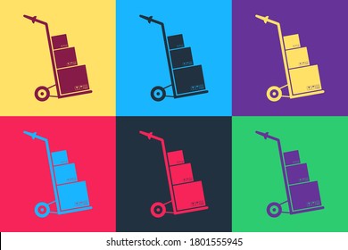 Pop art Hand truck and boxes icon isolated on color background. Dolly symbol. Vector.