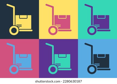 Pop art Hand truck and boxes icon isolated on color background. Dolly symbol.  Vector Illustration