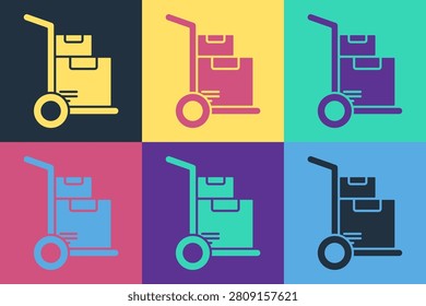 Pop art Hand truck and boxes icon isolated on color background. Dolly symbol.  Vector Illustration