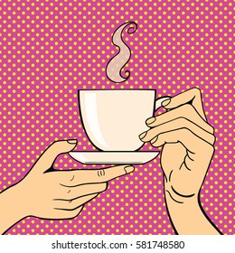 Pop art hands with coffee cup vector illustration.