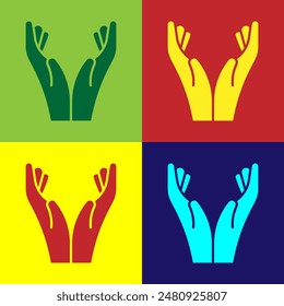 Pop art Hands in praying position icon isolated on color background. Prayer to god with faith and hope.  Vector Illustration