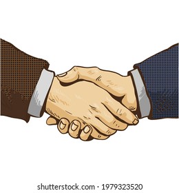 Pop art handshake vector icon isolated on white