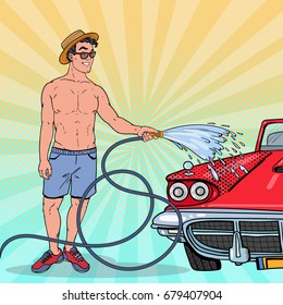 Pop Art Handsome Guy Washing His Classic Car. Vector illustration