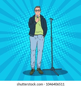 Pop Art Handsome Man with Microphone. Male Singer. Stand Up Show Performer. Vector illustration