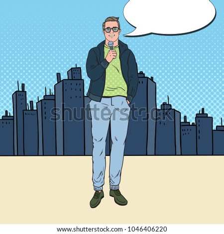 Pop Art Handsome Man with Microphone. Male TV Reporter. Vector illustration