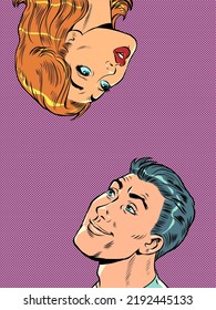 Pop art handsome man and woman look at each other with surprise. Large face. Couples in love. retro vector illustration 50s 60s style kitsch vintage