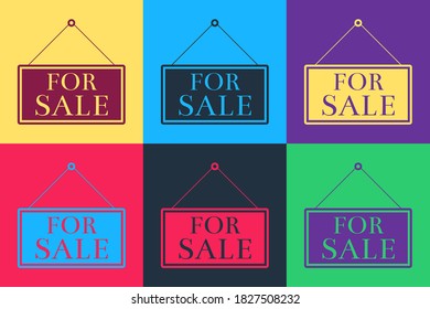 Pop art Hanging sign with text For Sale icon isolated on color background. Vector.