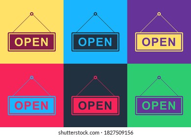 Pop art Hanging sign with text Open door icon isolated on color background. Vector.