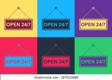 Pop art Hanging sign with text Open 24-7 hours icon isolated on color background. Business theme for cafe or restaurant, club and bar. Vector.
